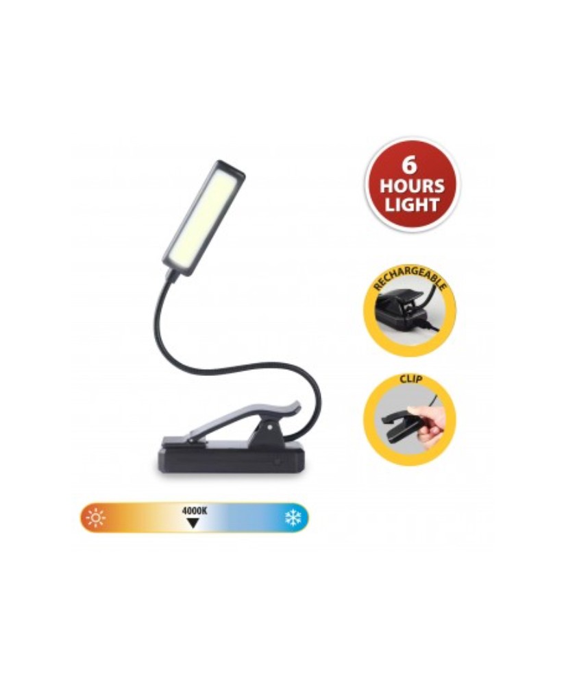 Lampada da lettura COB LED 2W ricaricabile, orientabile con clip